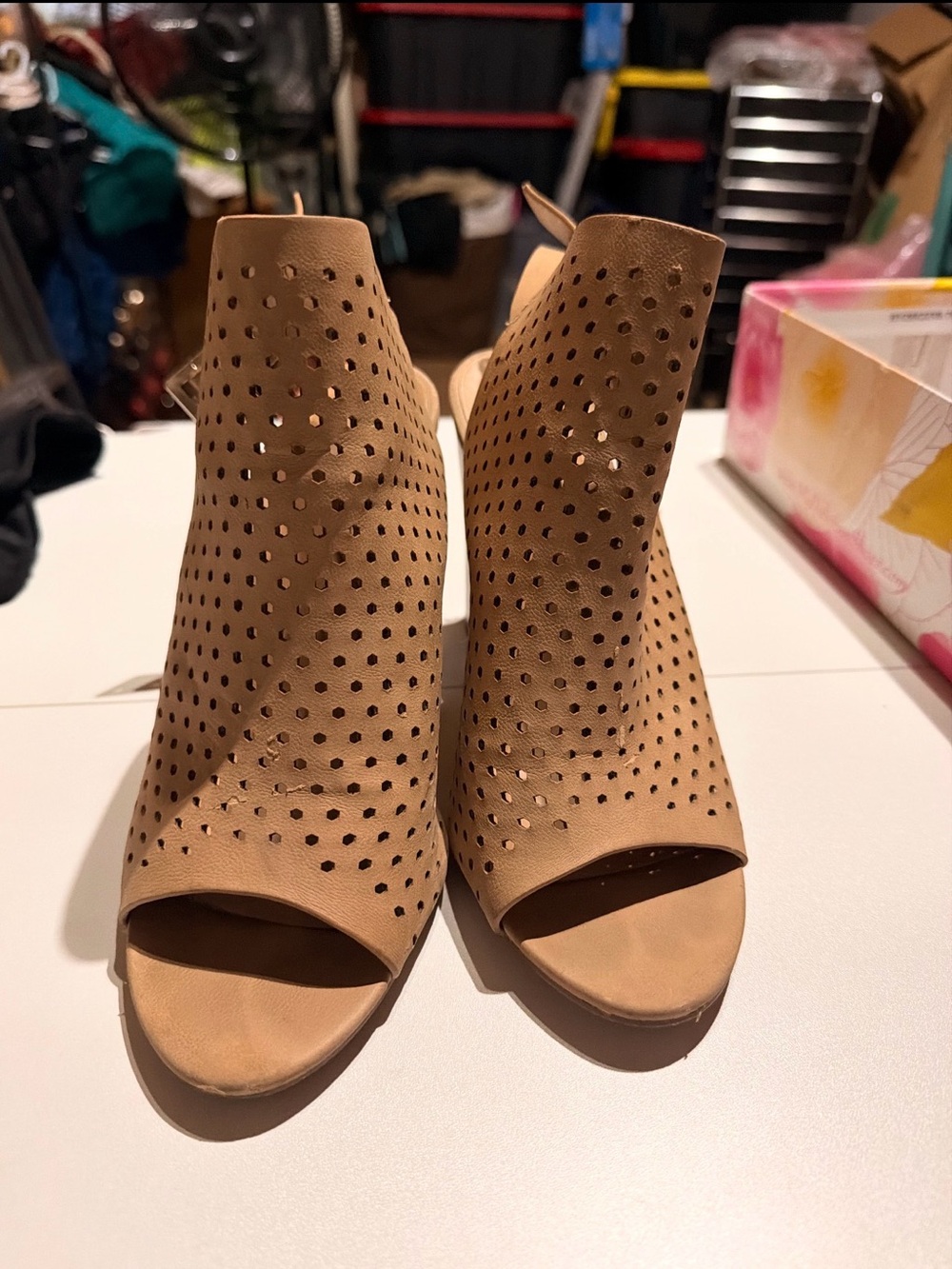 Delicious Tan Perforated Peep-Toe Ankle Booties